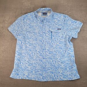 XCASTER OUTDOOR Mens XXL Blue White Fish Print Short Sleeve Button Up Shirt